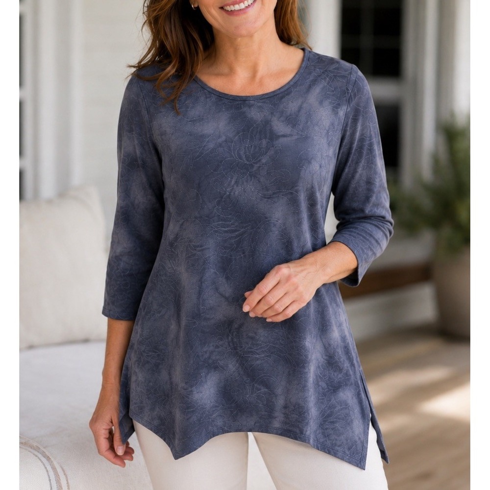 AB Studio Womens M Dark Blue Gray Tie Dye Tunic Blouse Boho 3/4 Sleeve Asym Hem